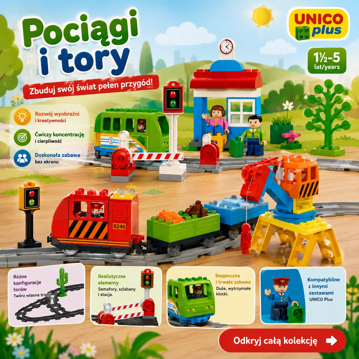 klocki dla małych dzieci, klocki Unico, pociągi i tory